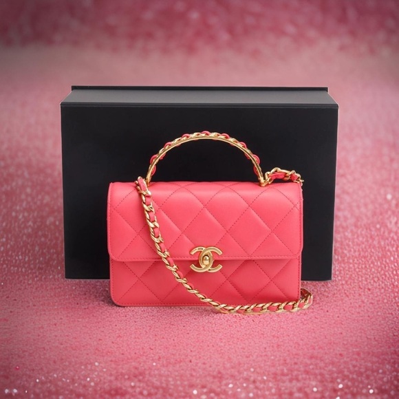 CHANEL Pink Lambskin Mini Flap Bag w/ Top Handle - Picture 1 of 15